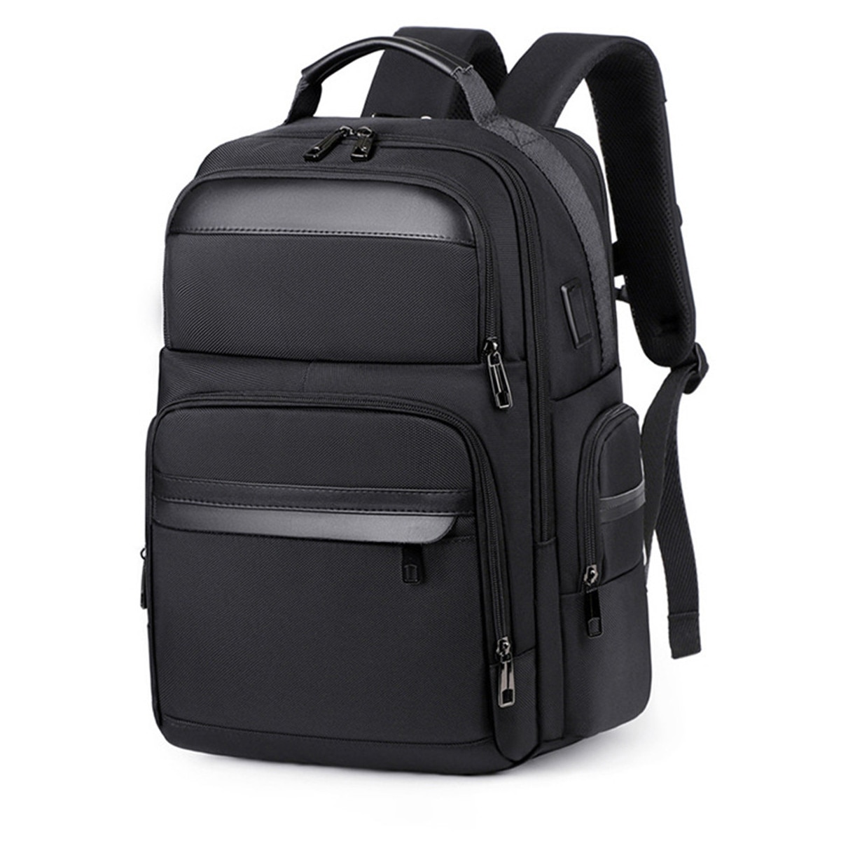Rucsac business impermeabil 1680D, compatibil laptop 15,6", cu USB-A si Type-C. Se deschide la 180°, are multiple compartimente si este acceptat ca bagaj de cabina. Ideal pentru naveta, calatorii si birou. Design unisex negru, practic si rezistent