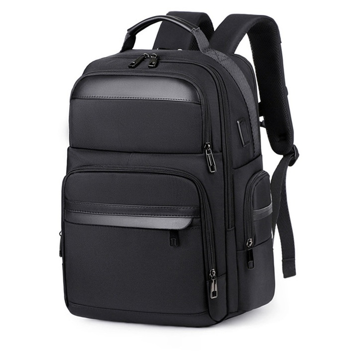 Rucsac business impermeabil 1680D, compatibil laptop 15,6", cu USB-A si Type-C. Se deschide la 180°, are multiple compartimente si este acceptat ca bagaj de cabina. Ideal pentru naveta, calatorii si birou. Design unisex negru, practic si rezistent