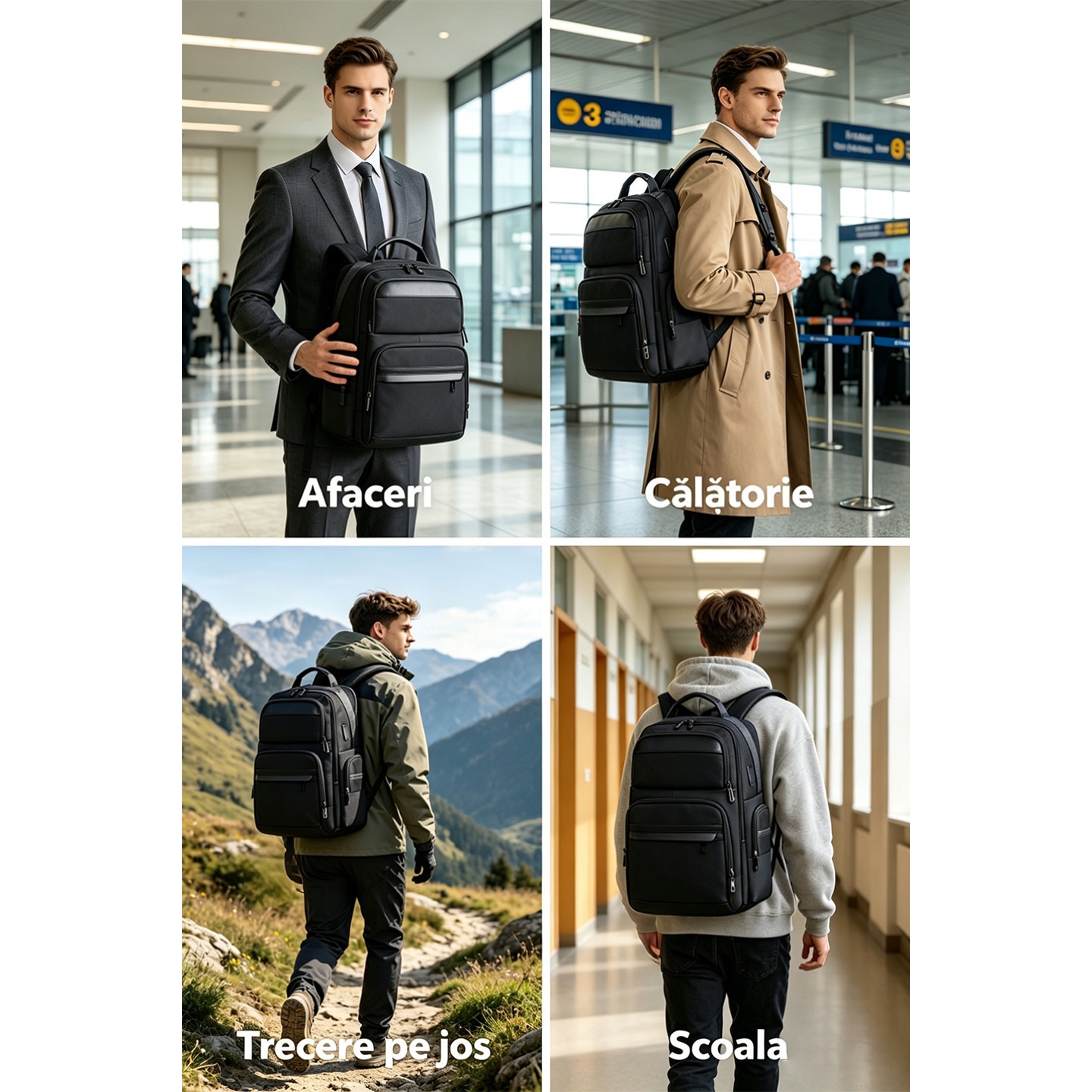 Rucsac business impermeabil 1680D, compatibil laptop 15,6", cu USB-A si Type-C. Se deschide la 180°, are multiple compartimente si este acceptat ca bagaj de cabina. Ideal pentru naveta, calatorii si birou. Design unisex negru, practic si rezistent