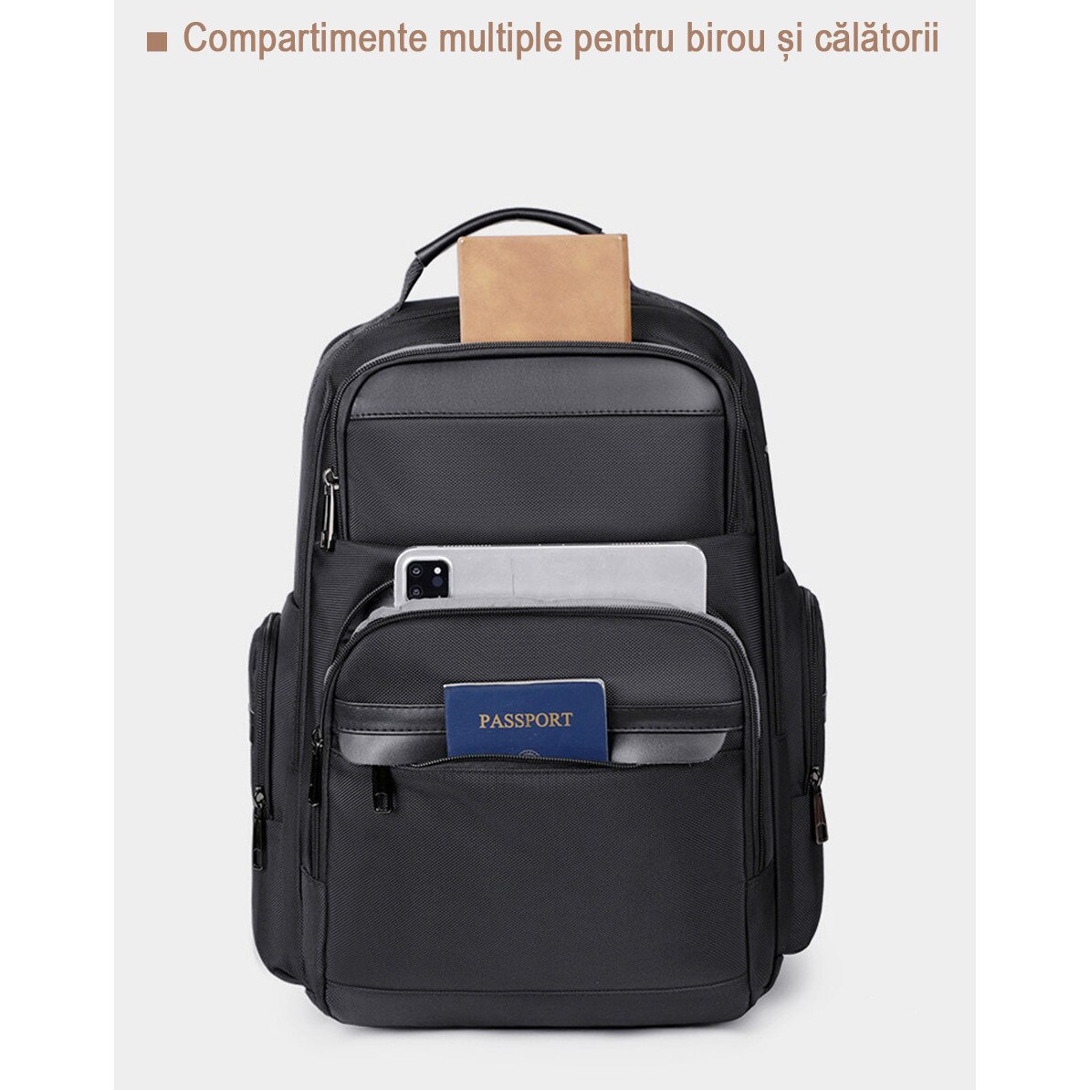 Rucsac business impermeabil 1680D, compatibil laptop 15,6", cu USB-A si Type-C. Se deschide la 180°, are multiple compartimente si este acceptat ca bagaj de cabina. Ideal pentru naveta, calatorii si birou. Design unisex negru, practic si rezistent