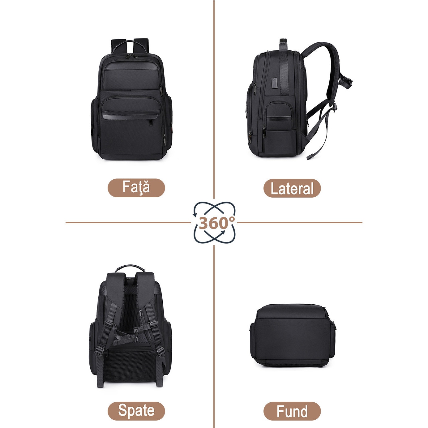 Rucsac business impermeabil 1680D, compatibil laptop 15,6", cu USB-A si Type-C. Se deschide la 180°, are multiple compartimente si este acceptat ca bagaj de cabina. Ideal pentru naveta, calatorii si birou. Design unisex negru, practic si rezistent