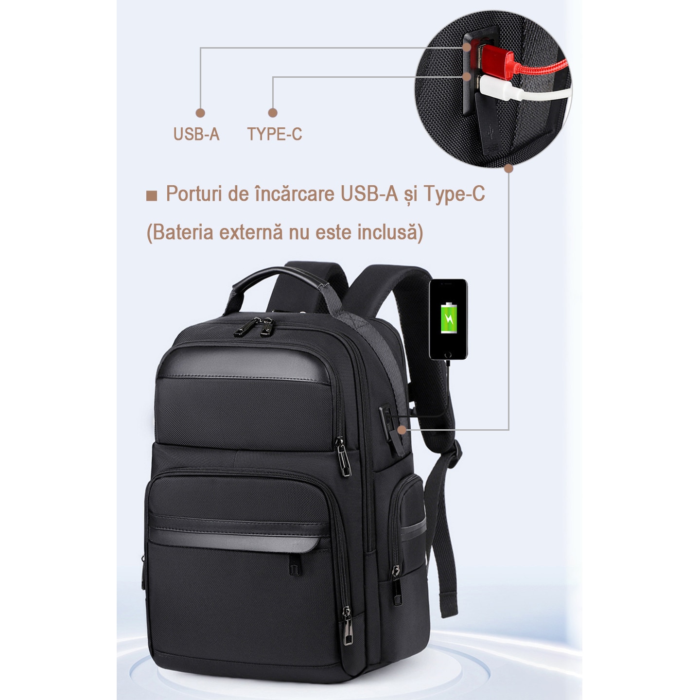 Rucsac business impermeabil 1680D, compatibil laptop 15,6", cu USB-A si Type-C. Se deschide la 180°, are multiple compartimente si este acceptat ca bagaj de cabina. Ideal pentru naveta, calatorii si birou. Design unisex negru, practic si rezistent