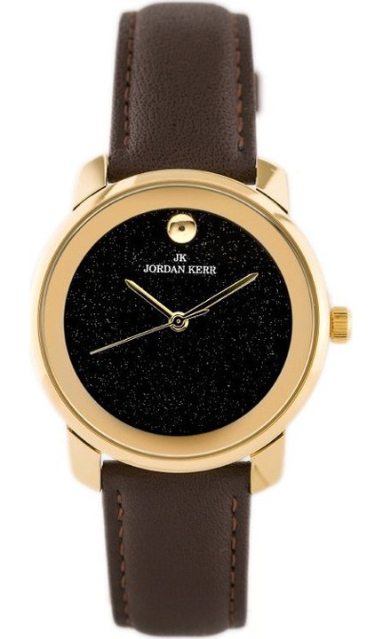 Jordan Kerr, Ceas dama cu carcasa metalica placata IPG, curea din piele ecologica, cadran negru cu sclipici, mecanism Miyota Japan, ZJ821C, negru/maro, 33 mm