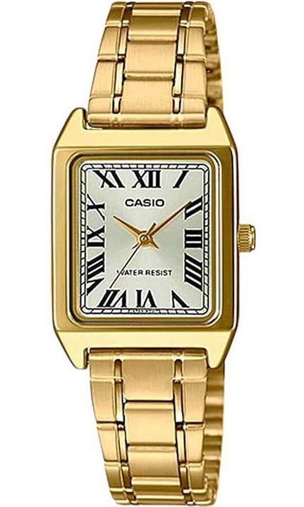 Casio, Ceas de dama din otel inoxidabil placat auriu, cu mecanism quartz Miyota, sticla minerala, dreptunghiular, LTP-V007G-9B, Auriu, 22 mm