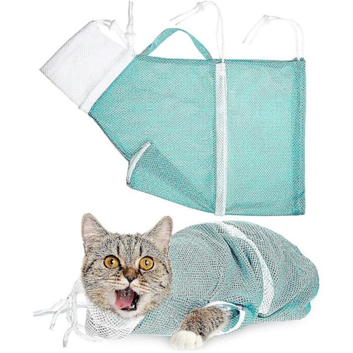 Sac de baie pentru pisici, husa de spalat si imobilizare, cu fermoar pentru labuta si 4 snururi reglabile, manere pentru ridicare, din poliester respirabil, turcoaz/alb, 1 buc, 55 cm lungime corp, circumferinta cap 30 cm