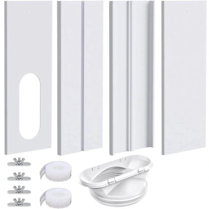 Ablak szett hordozható légkondicionálóhoz, 2 az 1-ben adapter kompatibilis 5.1/5.9 hüvelyk átmérőjű tömlővel, 4 panel, lapos fúvóka zárrendszerrel a tömítéshez, Fehér, 1 szett