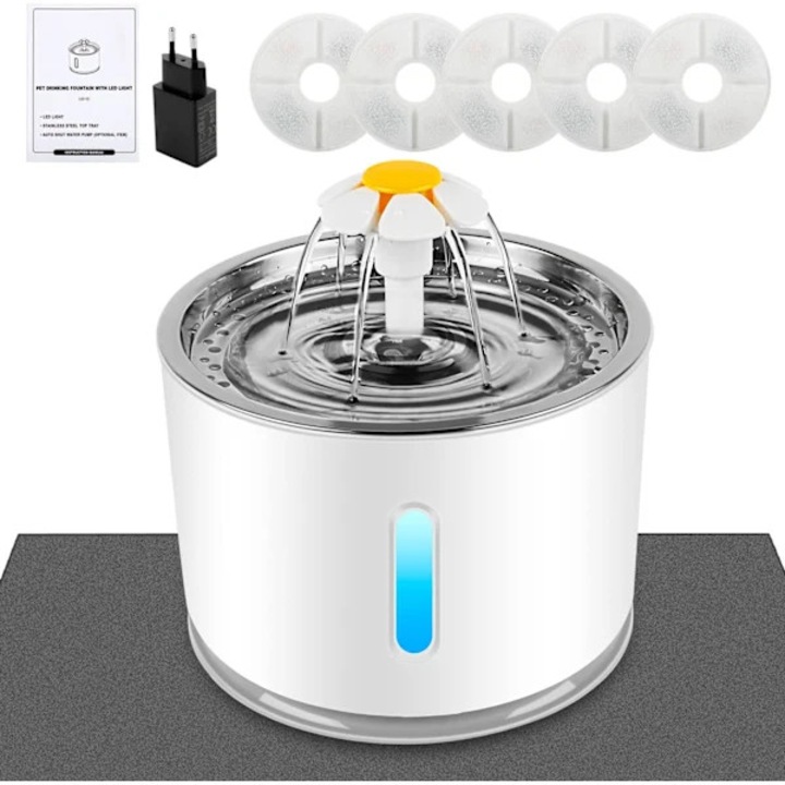 Fantana de apa pentru pisici ZQKLA, din otel inoxidabil, cu filtru din carbune activ si 3 etape de filtrare, Alb/inox, 2.4L