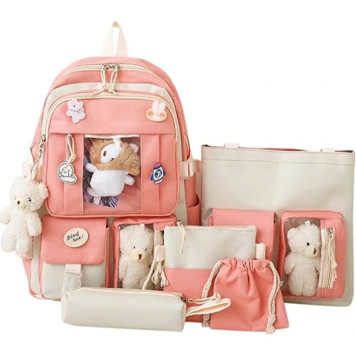 Set 5 ghiozdane si genti canvas kawaii multicolor ajustabile 30x45cm
