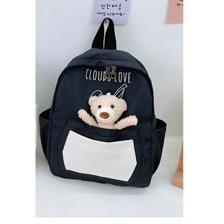 Textil iskolatáska/hátizsák elülső zsebbel és plüss mackóval, több rekesszel és állítható pántokkal, Cloud Love, Fekete, 2-5 év