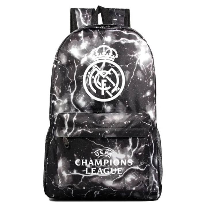 Real Madrid, Textil iskolai hátizsák Champions League mintával, több rekeszes, 14 hüvelykes laptophoz, Fekete/Fehér, 30L