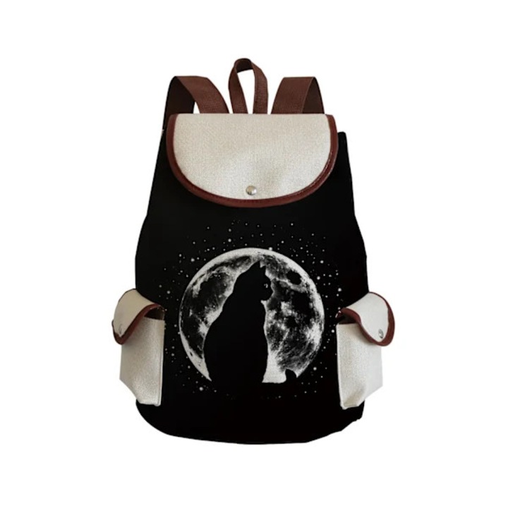 Rucsac scolar/ghiozdan din textil cu imprimeu pisica, cu buzunare laterale, negru/crem, mare