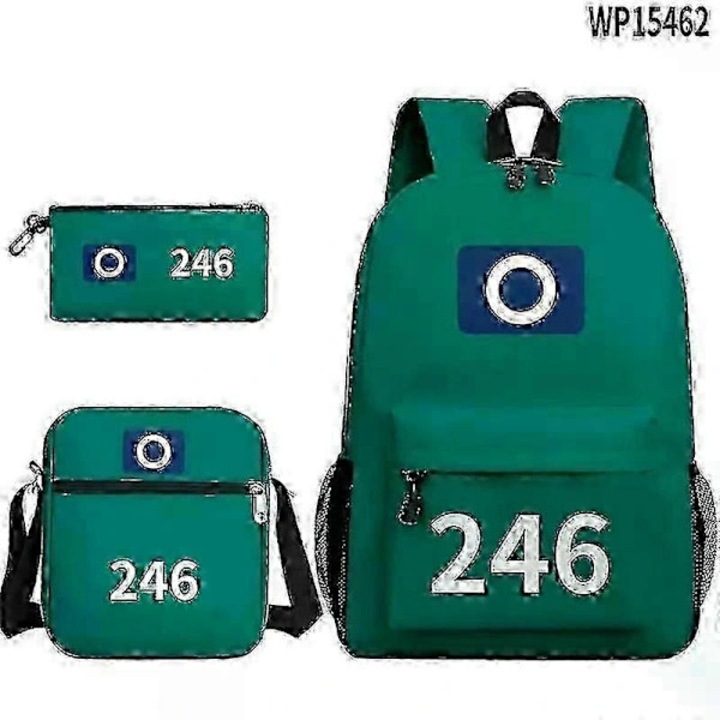 Set rucsac, geanta de umar si penar din textil cu imprimeu Jocul Calamarului sezon 2 – 3 piese, Verde, Marime unica