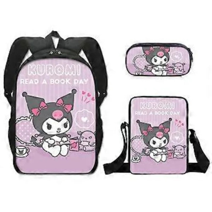 Kuromi, set rucsac scolar cu imprimeu Kuromi, capacitate mare si usor – 3 piese, roz, 35 cm