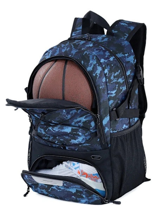 Sport hátizsák/iskolatáska vízálló oxford anyagból, szellőző cipőrekesszel, labdatartó rekesszel, laptop- és tablettartó zsebbel, párnázott vállpántokkal, terepmintás kék