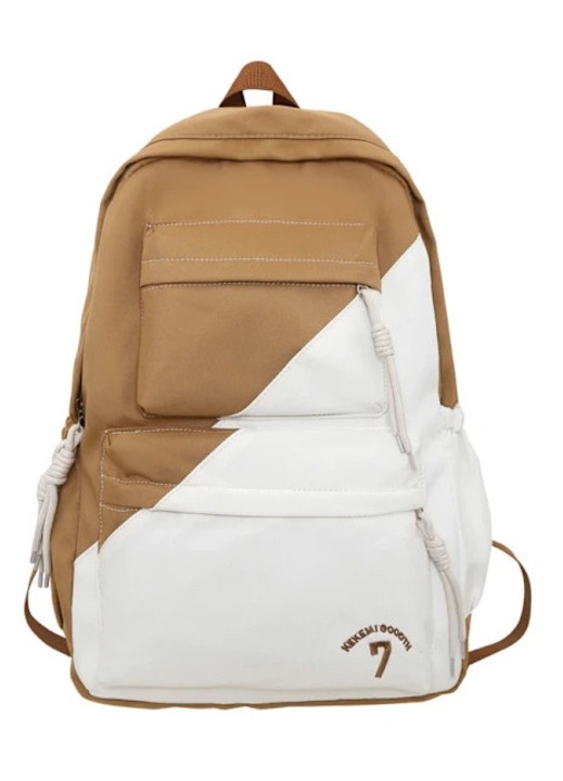 Rucsac ghiozdan din textil, capacitate mare, stil minimalist, unisex, pentru scoala si calatorii, bej/alb