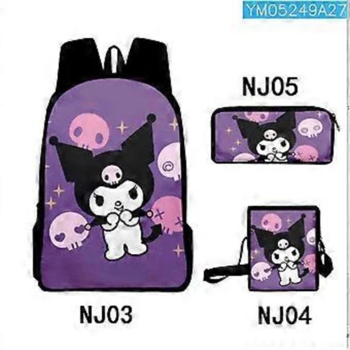 Ghiozdan scolar textil, cu imprimeu Kuromi, capacitate mare, usor, set 3 piese (rucsac + penar + geanta mica), Mov, Universal