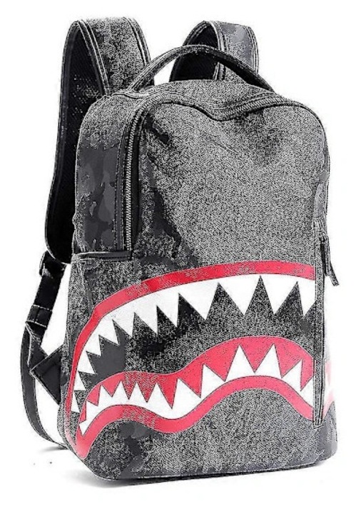 Rucsac ghiozdan din piele ecologica (PU) cu imprimeu Shark, capacitate mare, impermeabil, curele captusite, 40x19x17 cm, Verde