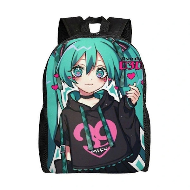 Poliészter iskolatáska/hátizsák Hatsune Miku mintával, hjka253 (FMY), türkiz/fekete