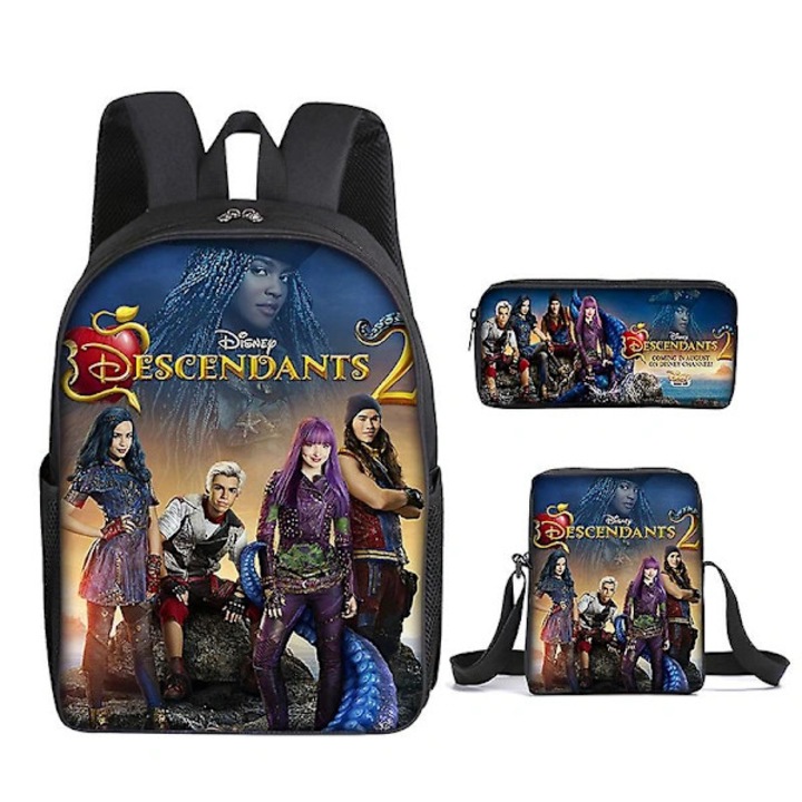 Set rucsac scolar textil, geanta laterala si penar cu imprimeu Descendants 2 – 3 piese, Multicolor, 16 inch