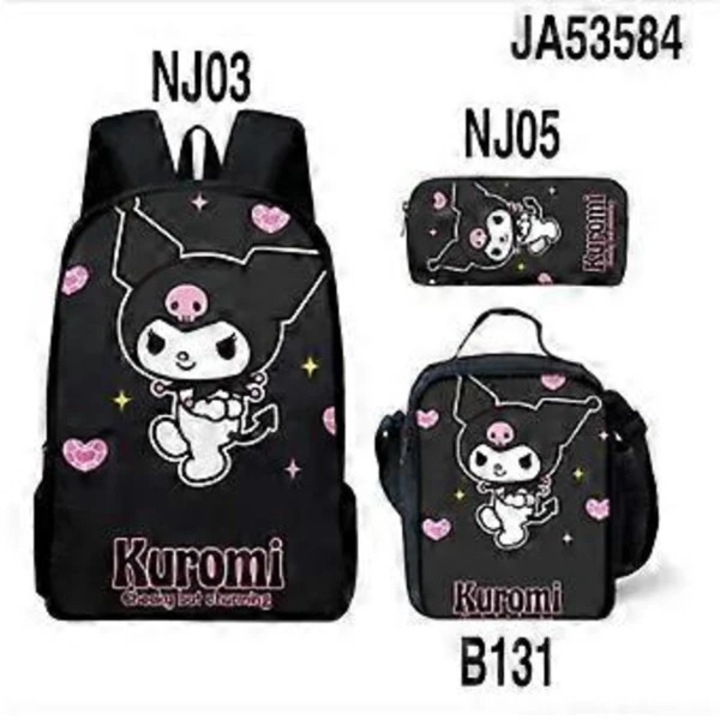 Kuromi, Set rucsac scolar textil B131 cu imprimeu Kuromi, capacitate mare, usor – 3 piese, Negru, 48 cm