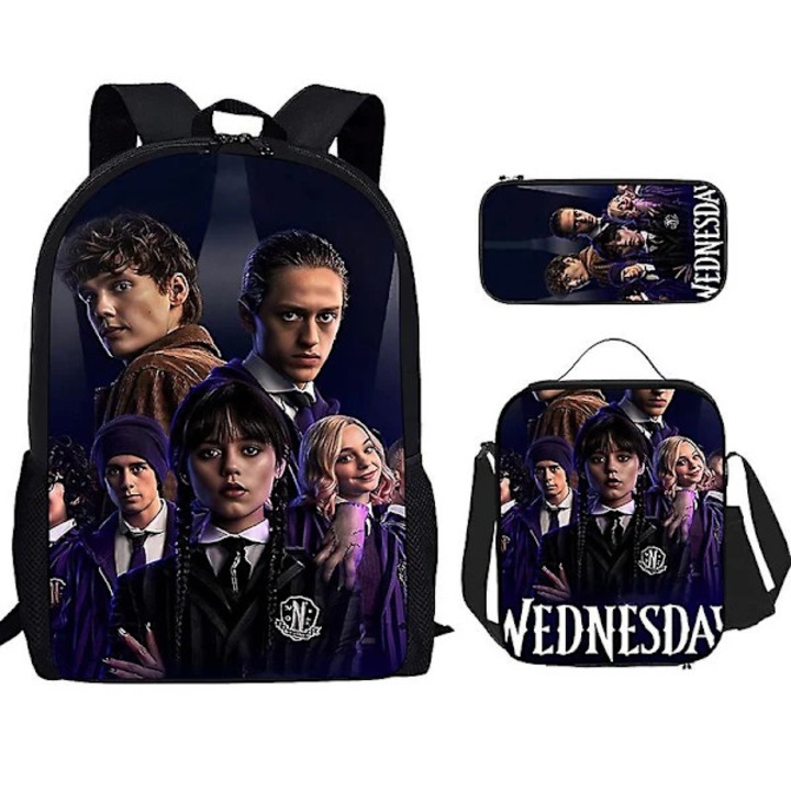 Set rucsac, geanta de umar si penar din panza cu imprimeu Wednesday Addams, compatibil A4, buzunare laterale din plasa – 3 piese, Multicolor, Unica