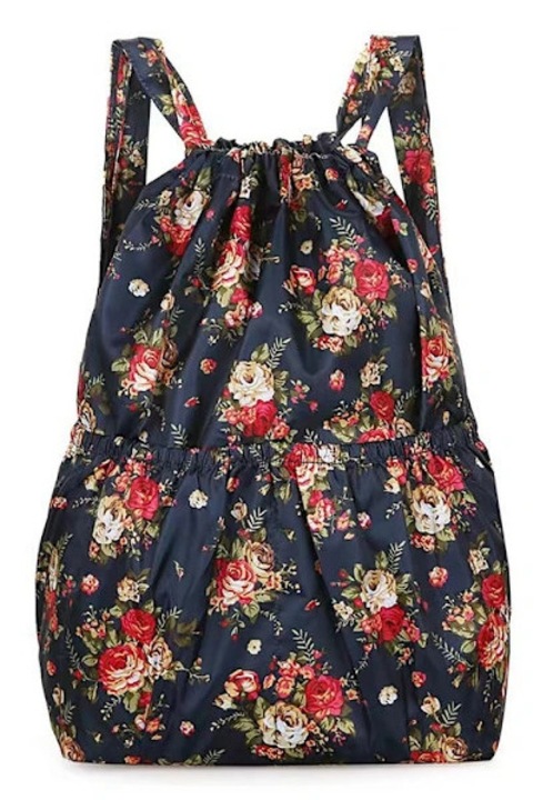 Rucsac tip sac cu snur din nylon, impermeabil, pliabil, unisex, capacitate 20-35L, bleumarin cu imprimeu floral, marime unica