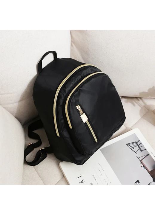 Rucsac din nylon rezistent la apa pentru femei, mic, casual, cu doua compartimente si fermoar, negru