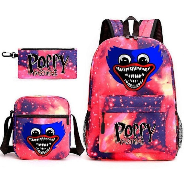 3 részes szett, textil iskolatáska Poppy Playtime mintával, kis válltáska, tolltartó, többszínű