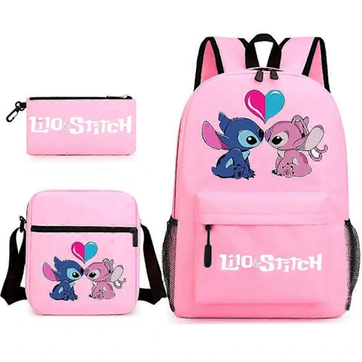 Stitch rajzfilm mintás textil hátizsák szett, tolltartó és kis táska mellékelve – 3 darabos, Rózsaszín, univerzális