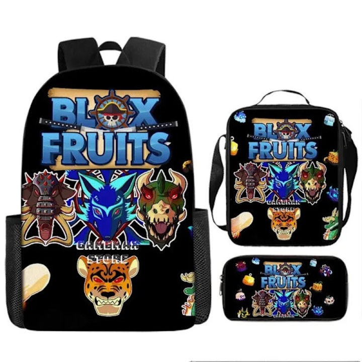 Set 3 piese rucsac/ghiozdan, geanta de umar si penar din poliester, respirabil, rezistent, usor, Blox Fruits, Negru, rucsac 30x11x40 cm