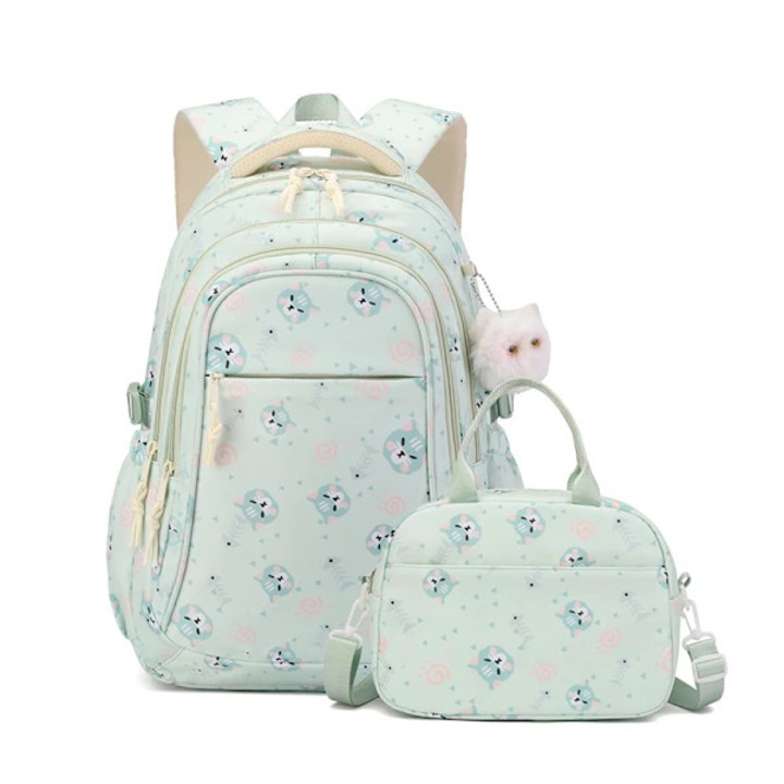 Set rucsac scolar si geanta mica din oxford, impermeabil si ergonomic, cu imprimeu pisica – 2 piese, verde, 6-14 ani