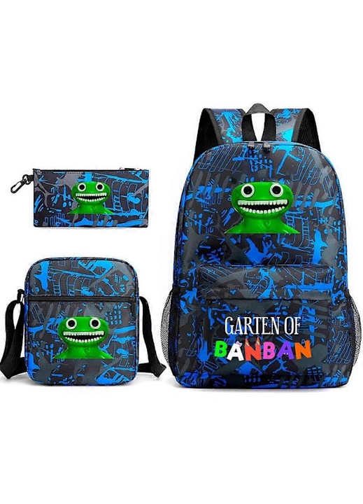 Iskolatáska/hátizsák szett 3 részes textil Banban Garden mintával, fekete/kék