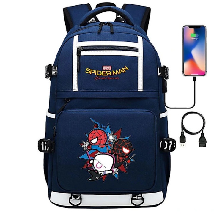 Oxford anyagból készült laptop hátizsák/iskolatáska, USB porttal, laptoptartó rekesszel és több zsebbel, Spider-Man, Sötétkék, 18 hüvelyk (48 cm)