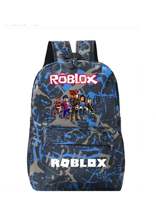 Oxford iskolatáska, vízálló, Roblox mintával és laptoptartó rekesszel, párnázott vállpántokkal és oldalsó hálós zsebekkel, Kék-Fekete