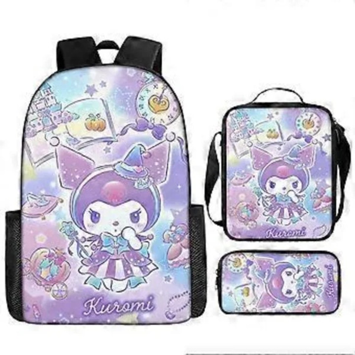 Kuromi, Set ghiozdan scolar textil cu imprimeu si capacitate mare - 3 piese, multicolor, 41 cm