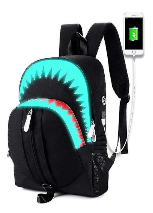 Rucsac/ghiozdan din panza, cu port USB, luminos, rezistent la apa si la socuri, rezistent la uzura, Rechin cu gura mare, negru/turcoaz, 45x28x13 cm