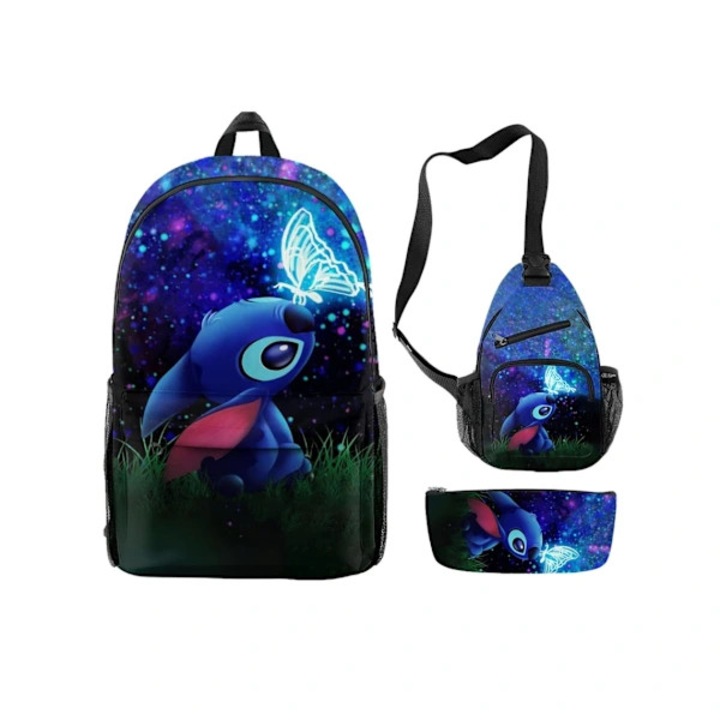 Set rucsac scolar textil cu imprimeu digital, penar si geanta mica de umar – 3 piese, Multicolor, imprimeu Stitch