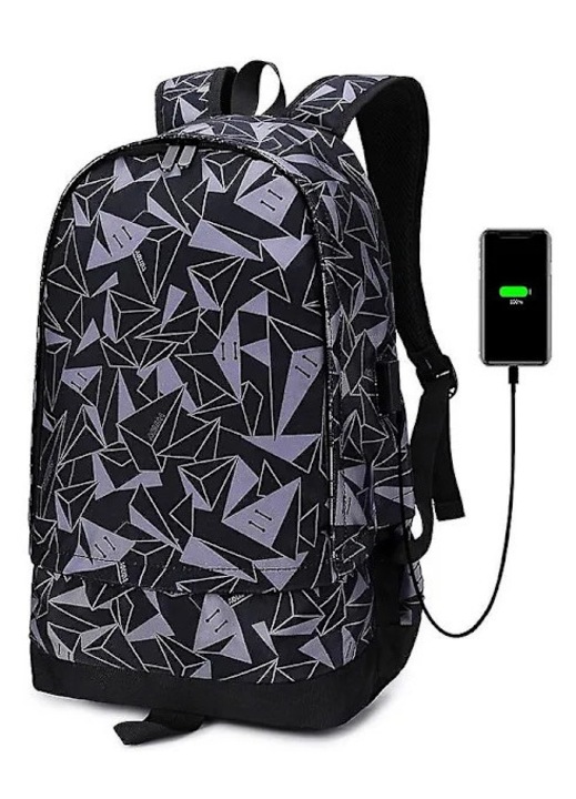Unisex hátizsák/iskolatáska oxford anyagból, USB töltőporttal, több rekesszel, fekete-szürke