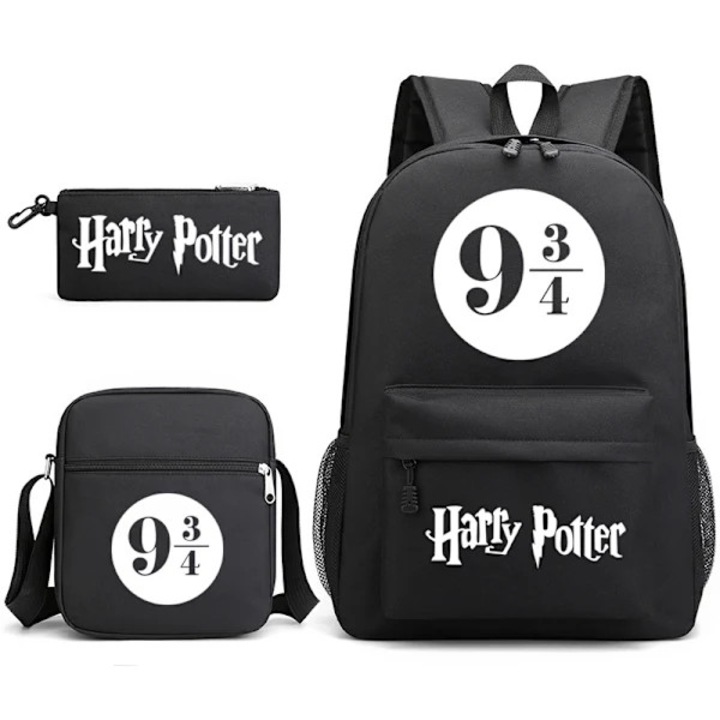 Iskolai hátizsák szett, Oxford válltáska és tolltartó, Harry Potter 9 3/4 mintával, légáteresztő és strapabíró – 3 darabos, fekete, 45x32x13 cm
