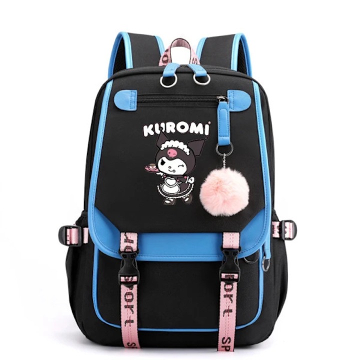 Ghiozdan scolar din nylon, cu imprimeu Kuromi, cu fermoar si bretele duble reglabile, respirabil si rezistent la uzura, Figure A, negru/albastru, 29x5x43 cm