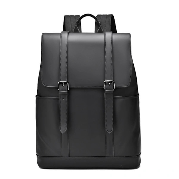 Rucsac/ghiozdan din material textil rezistent, hidrofug, capacitate mare, compartiment pentru laptop, design cu clapeta si catarame, barete ergonomice curbate, Negru, 42x30x14 cm