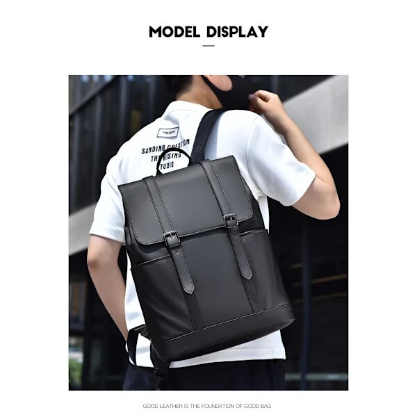 Rucsac/ghiozdan din material textil rezistent, hidrofug, capacitate mare, compartiment pentru laptop, design cu clapeta si catarame, barete ergonomice curbate, Negru, 42x30x14 cm
