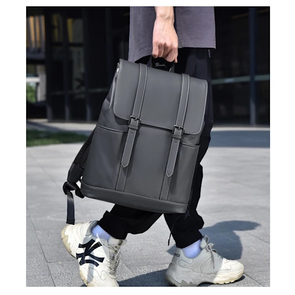Rucsac/ghiozdan din material textil rezistent, hidrofug, capacitate mare, compartiment pentru laptop, design cu clapeta si catarame, barete ergonomice curbate, Negru, 42x30x14 cm