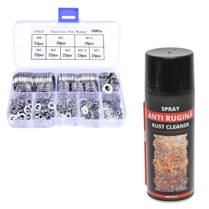 Set 180 saibe plate, otel inoxidabil, standard DIN125, gama M2-M10. 8 variante - M2/M2.5/M3/M4/M5/M6/M8/M10 -, rezistenta la coroziune, pot fi utilizate in mediu umed, uz casnic/profesional si Spray tehnic anti rugina, 400 ml