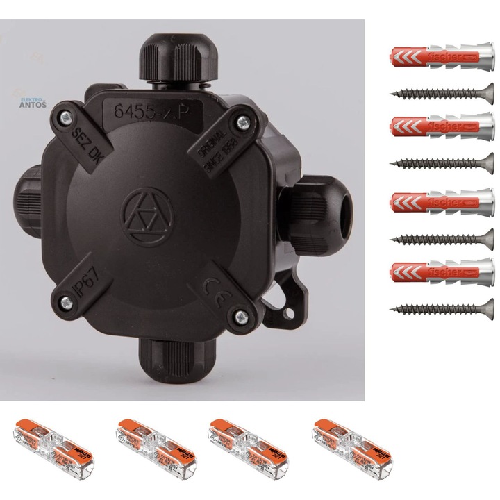 Doza derivatie aparenta neagra ACIDUR SEZ DK IP67 80x80x45, Cutie conexiuni, Cutie de jonctiune dotata cu cleme Wago 221-2411 4 buc si dibluri Fischer DuoPower 6x30 4 buc