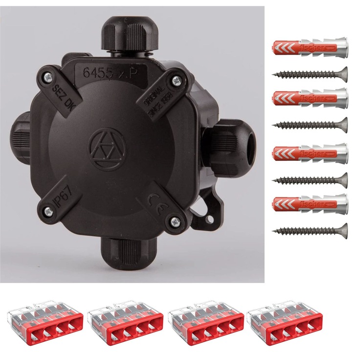 Doza derivatie aparenta neagra ACIDUR SEZ DK IP67 80x80x45, Cutie conexiuni, Cutie de jonctiune dotata cu cleme Wago 2273-204 4 buc si dibluri Fischer DuoPower 6x30 4 buc