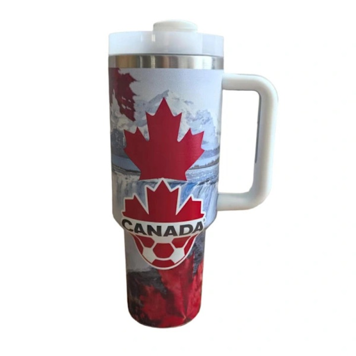 Cana termica 2026 FIFA World Cup Canada, izolata, cu capac etans si maner, imprimeu Canada, rosu/alb, 40 oz (1182 ml), 1 buc