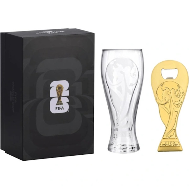 Pilsner pohár ajándékszett 17oz és 6 hüvelykes trófea sörnyitó, hivatalos FIFA World Cup 2026 kiadás, gravírozott üvegpohár, aranyozott fém sörnyitó, átlátszó/arany, 1 szett