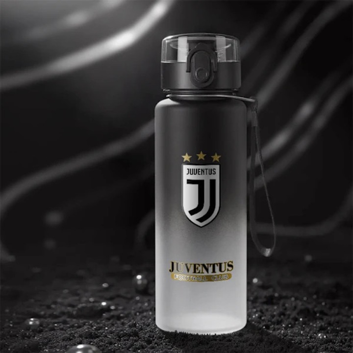 Bidon sport Juventus cu design gradient, logo echipa, capac flip cu curea, negru/alb