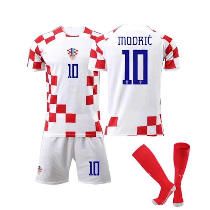 Poliészter futballmez 10-es számmal és Modric névvel a hátán, rövidnadrággal és zoknival, Horvátország felszerelés 2022, Fehér/piros